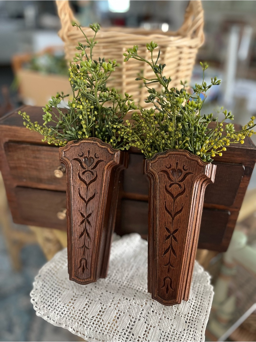 Homco Enhanced Wooden Wall Pocket Planters pair of 2 with greenery